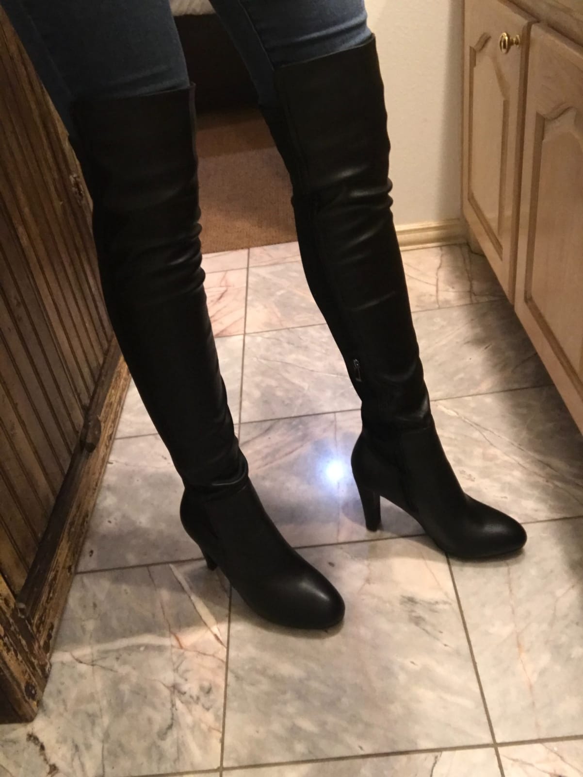 Shoe'N Tale Women Faux Suede Chunky Heel Stretch Over The Knee Thigh High Boots customer photo 2
