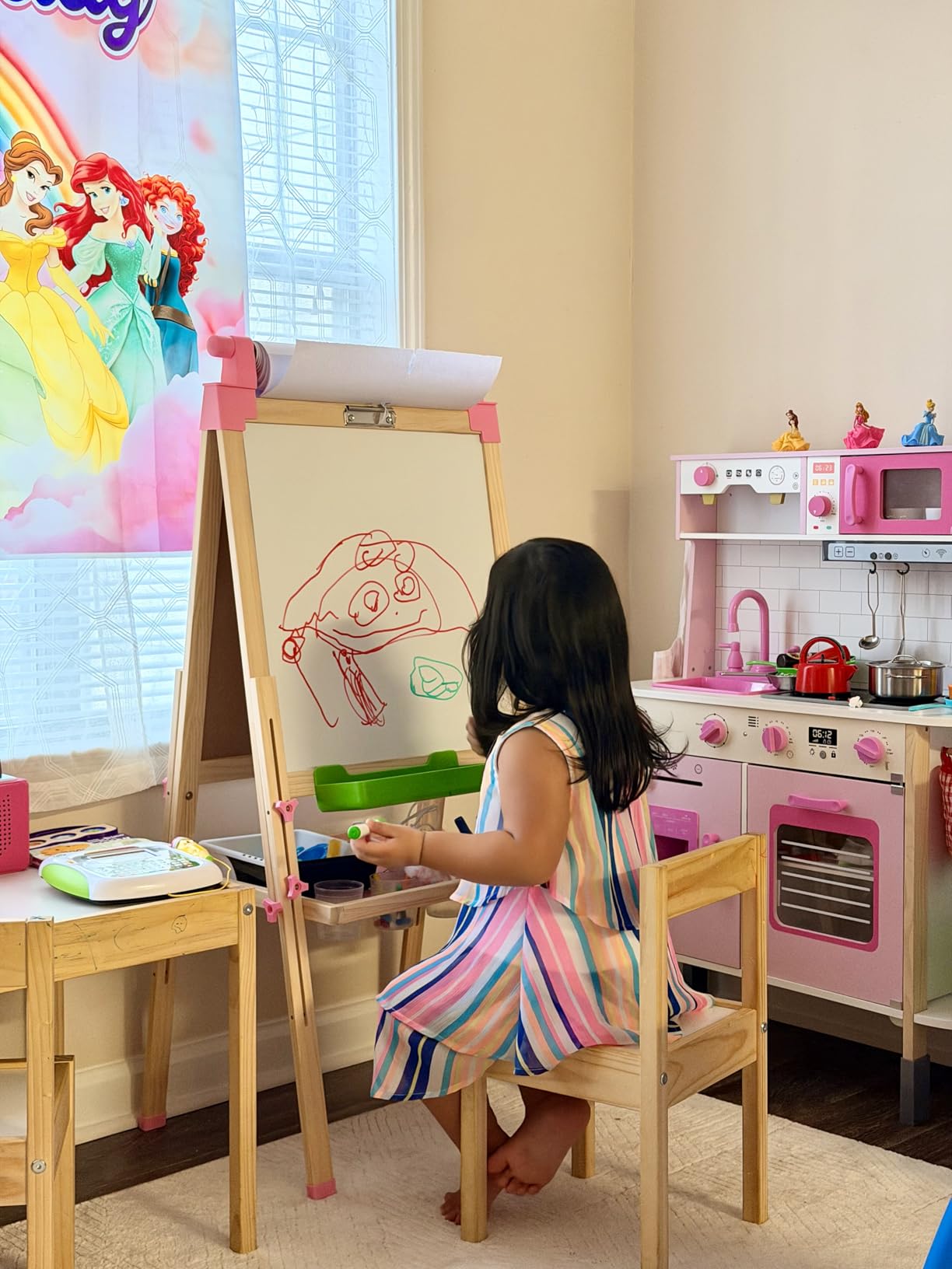 JOYOOSS Kids Wooden Easel with Paper Roll - Adjustable Magnetic Double Sided Drawing Board Whiteboard & Chalkboard Dry Easel Board,Children Art Easel for 3~12 Years Kids Boys Girls Painting Drawing customer photo 2