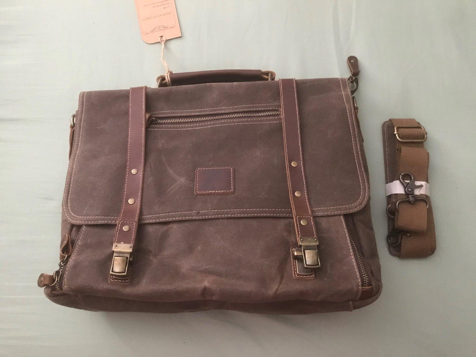 Manificent Laptop Messenger bag for Mens 15.6 Inch, Waterproof Vintage Genuine Leather Mens Briefcase shoulder bag 16 Storage Pockets, Waxed Canvas Leather Computer Business Satchel Work Bag (Brown) customer photo 2