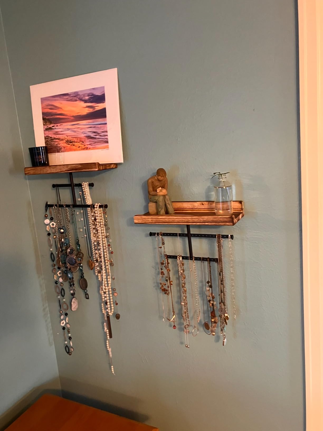 Keebofly Hanging Wall Mounted Jewelry Organizer with Rustic Wood Jewelry Holder Display for Necklaces Bracelet Earrings Ring Set of 2 Carbonized Black,[Patented] customer photo 1