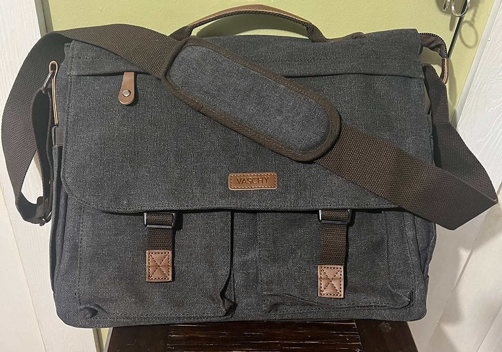 Messenger Bag for Men,VASCHY Vintage Water Resistant Canvas Satchel 14 15.6 17inch Laptop Briefcase customer photo 2