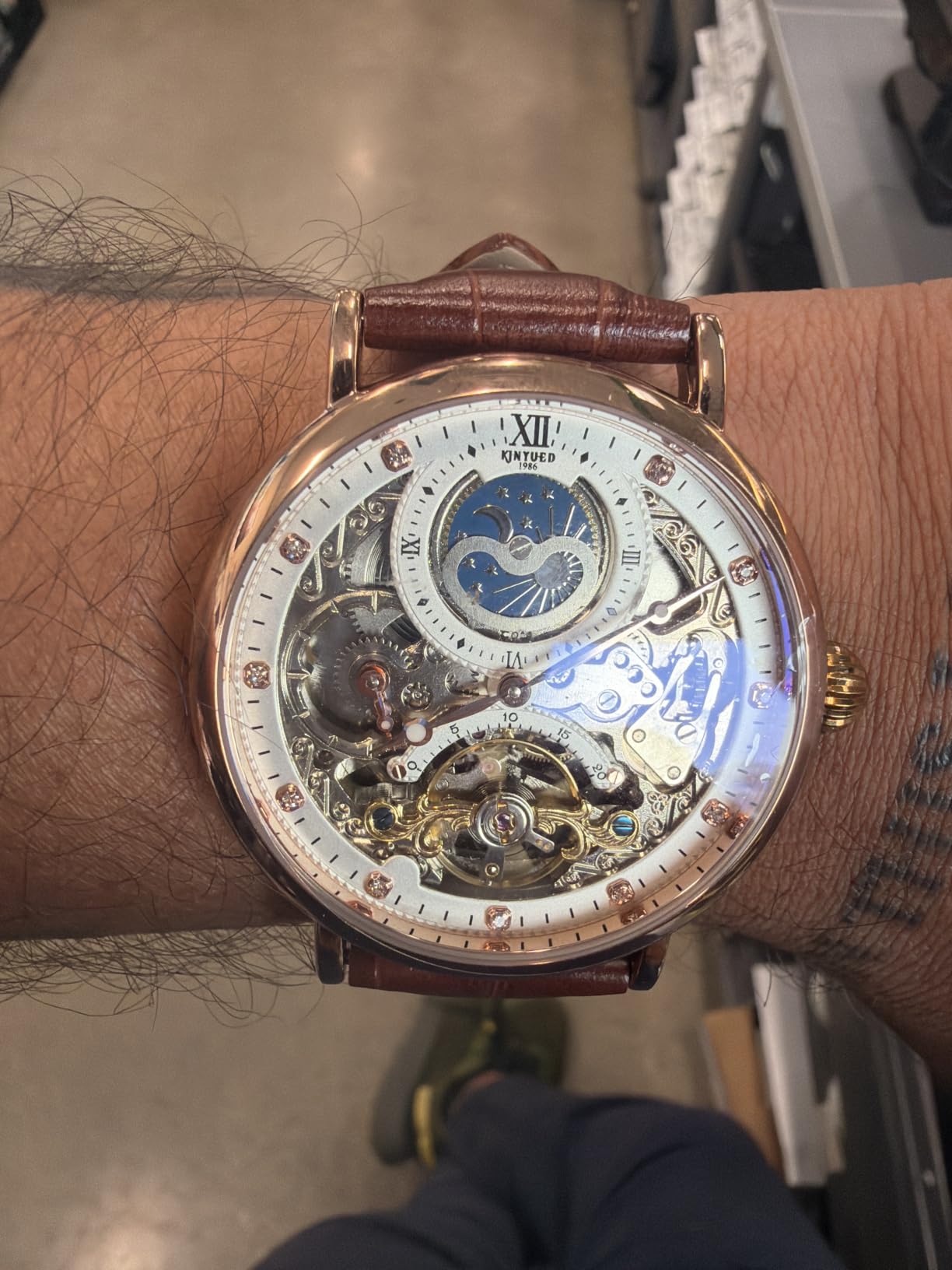 IK COLOURING Bestn Mens Luxury Skeleton Automatic Mechanical Wrist Watches Leather Moon Phrase Luminous Hands Self-Wind Watch customer photo 1