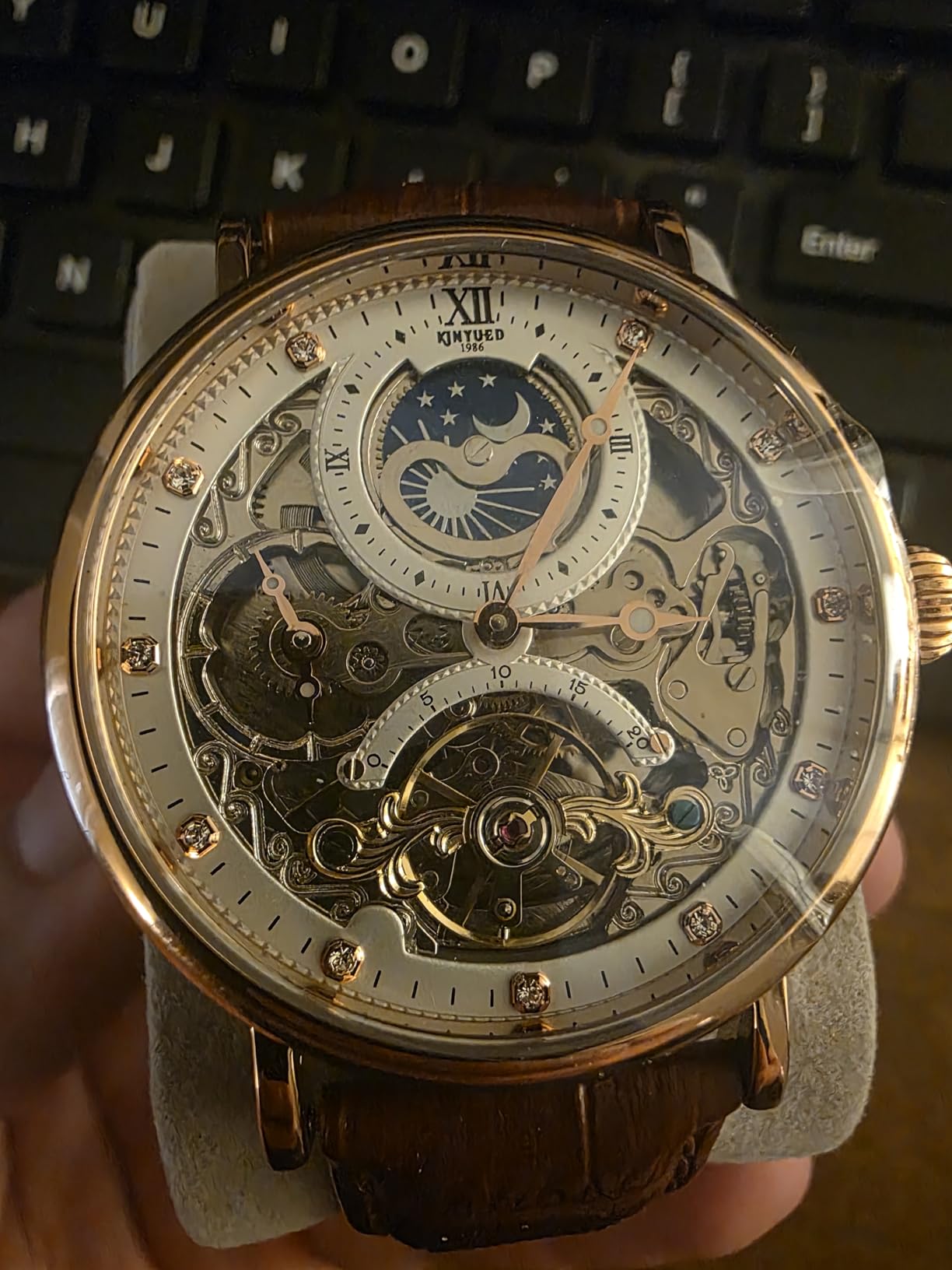 IK COLOURING Bestn Mens Luxury Skeleton Automatic Mechanical Wrist Watches Leather Moon Phrase Luminous Hands Self-Wind Watch customer photo 2