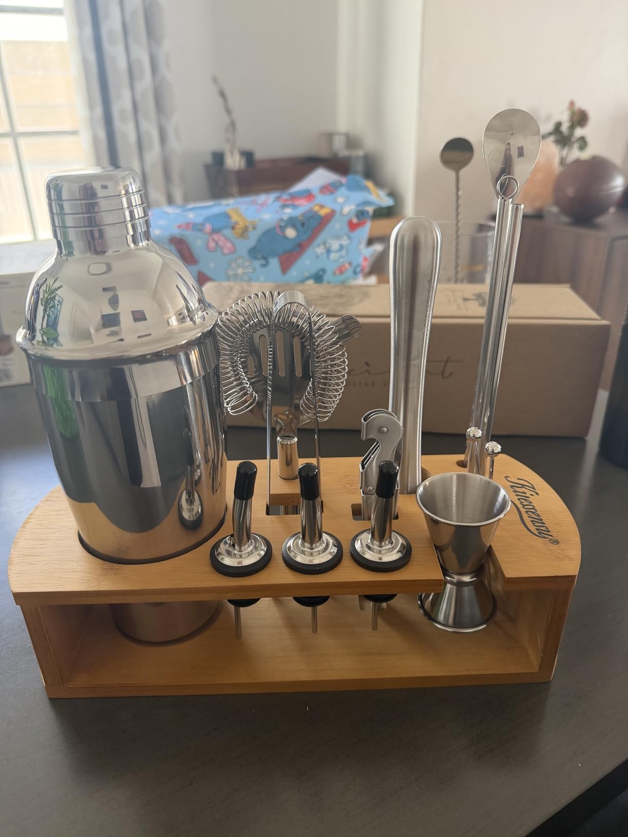 KITESSENSU Cocktail Shaker Set Bartender Kit with Stand | Bar Set Drink Mixer Set with All Essential Accessory Tools: Martini Shaker, Jigger, Strainer, Mixer Spoon, Muddler, Liquor Pourers |Silver customer photo 2