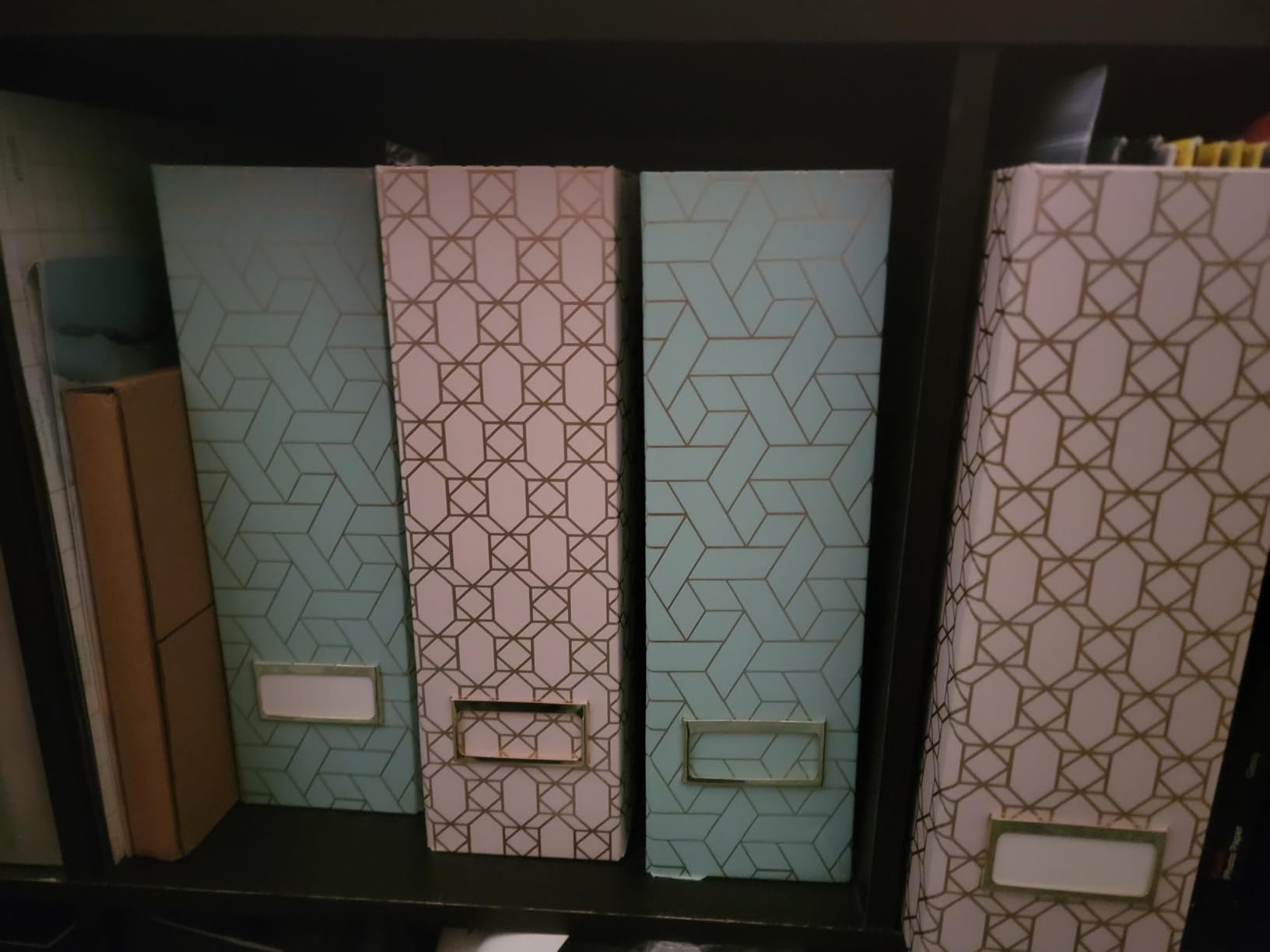 BLU MONACO | Gold Cardboard Magazine File Holder Set of 4 | Vertical Magazine File Holder for Shelves | Standing File Holder Desk Organizer customer photo 2