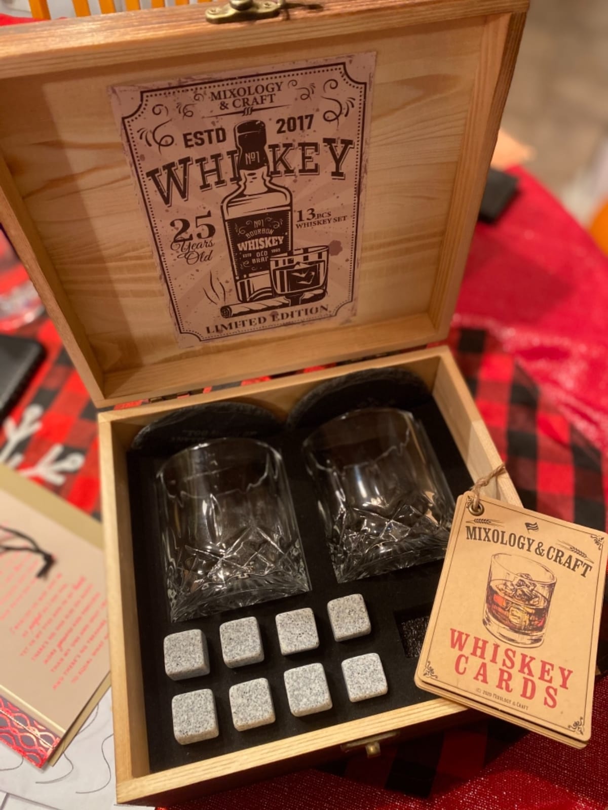 Mixology & Craft Whiskey Stones Gift Set: with Two 10oz Lead-Free Crystal Whiskey Glasses, 8 Whiskey Stones with Velvet Bag, 2 Slate Coasters & Recipe Cards in Wooden Crate | Great customer photo 2