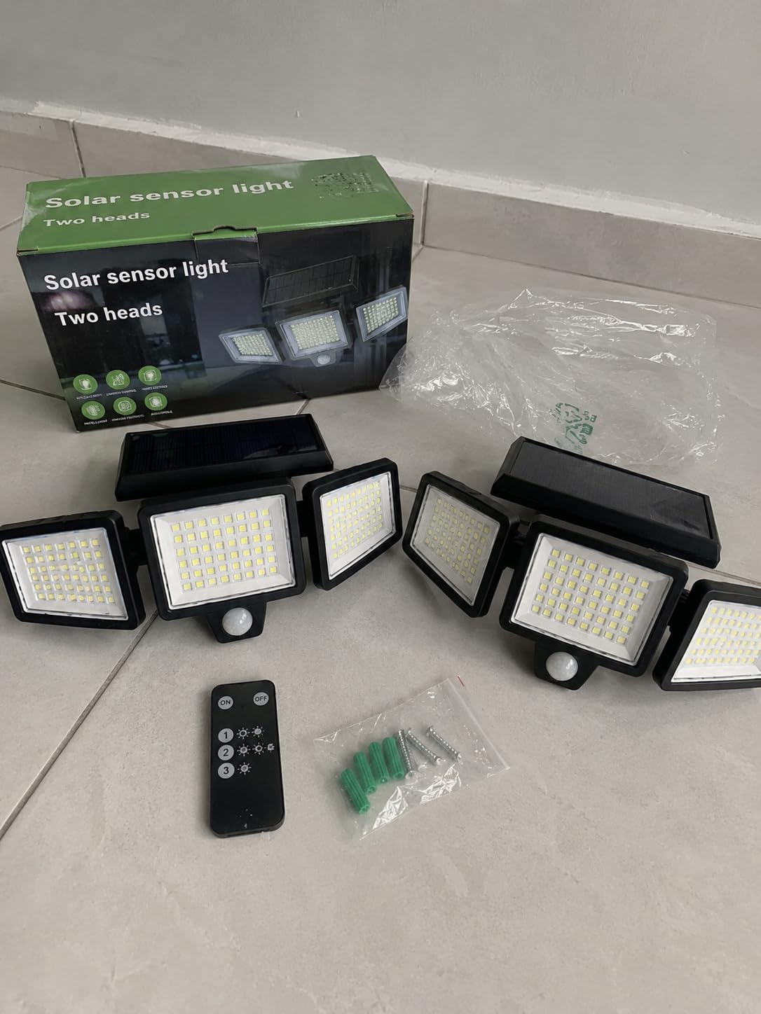 Tuffenough Solar Outdoor Lights 2500LM 210 LED Security Lights with Remote Control,3 Heads Motion Sensor Lights, IP65 Waterproof,270° Wide Angle Flood Wall Lights with 3 Modes(2 Packs) customer photo 2