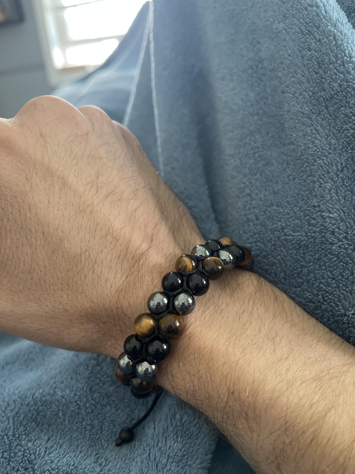 HASKARE Triple Protection Bracelet for Men - Genuine Tigers Eye Black Obsidian Hematite 8mm Natural Stone Beads Stretchy Healing Crystal Jewelry, Anxiety Relief Energy, Ideal for Dad Husband Christmas Birthday customer photo 2