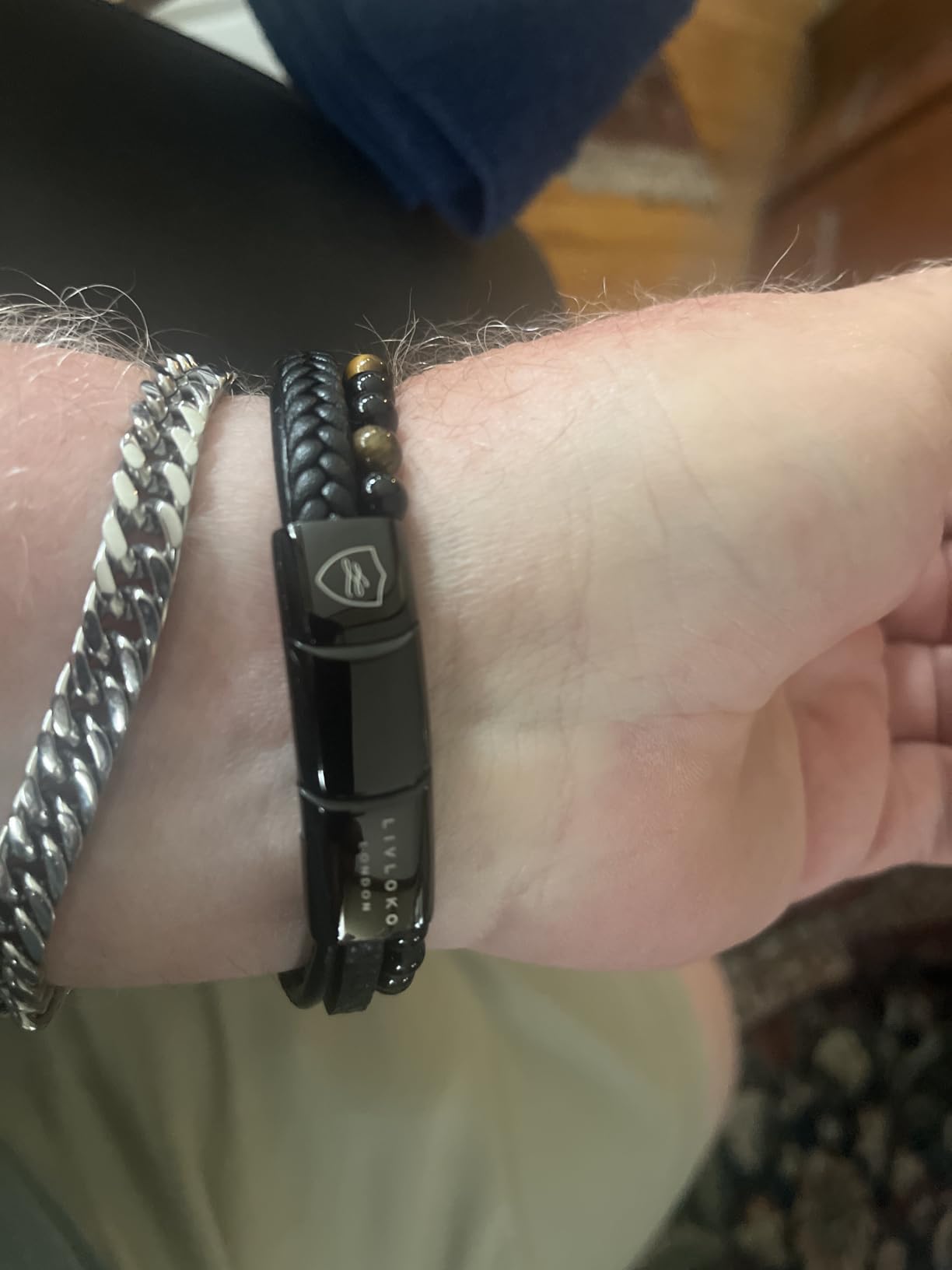 LONDON Mens Bracelet Leather Black Multi-Layer Stone Beads Adjustable Steel Clasp Viking Rope Bands Surfer Man Wristband Male UK Jewellery Gift box Boyfriend Dad Son Brother Tiger Eye customer photo 1