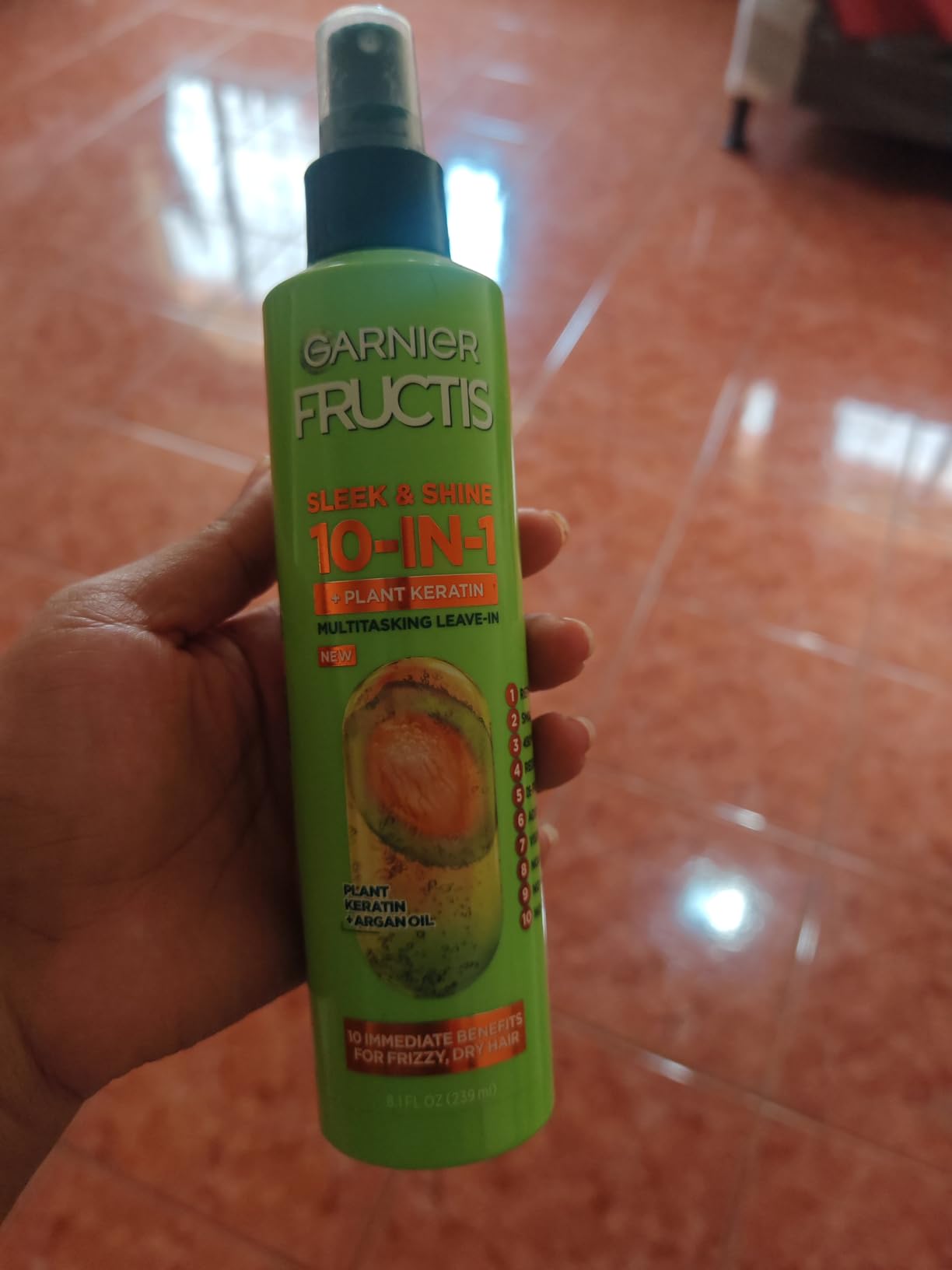 Garnier Fructis Sleek & Shine 10-in-1 Leave In Conditioner Spray for Dry, Frizzy Hair, Heat Protectant Up to 450F with Argan Oil & Plant Keratin, Provides Flyaway and Frizz Control, 8.1 Fl Oz customer photo 1