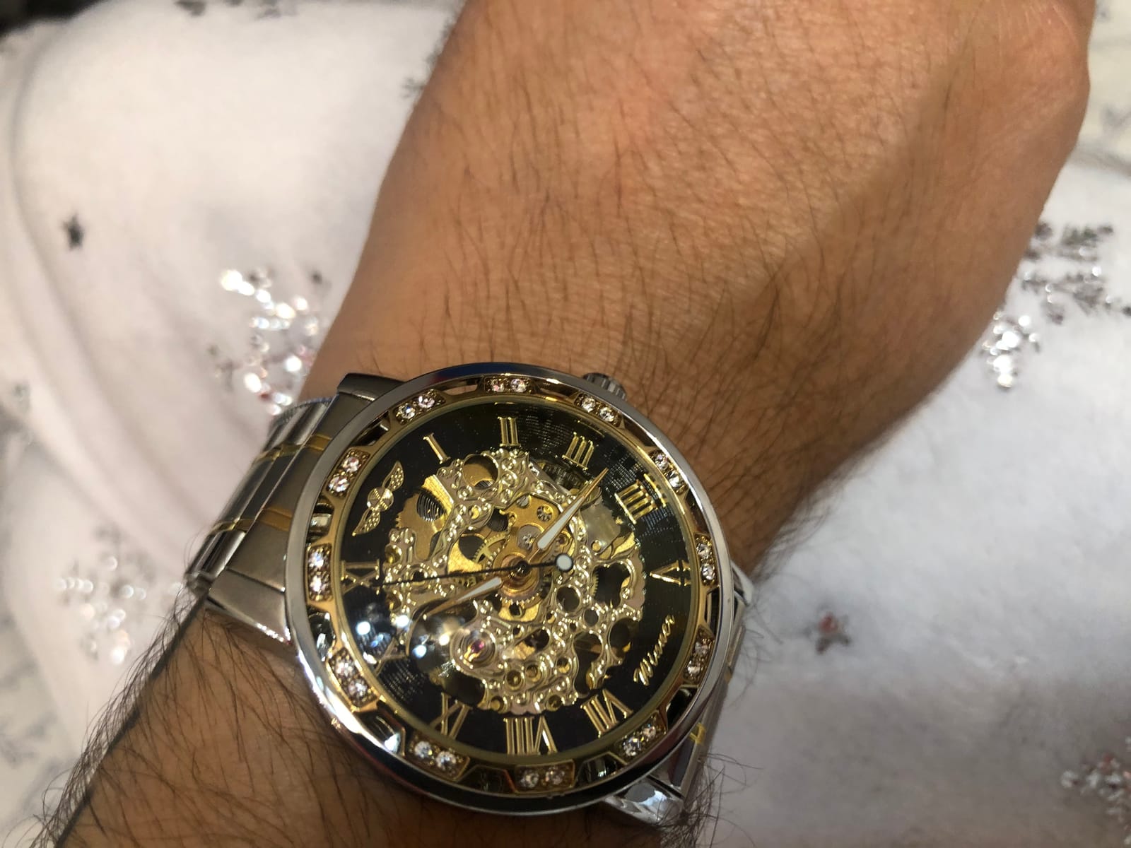 Winner Retro Manual Mechanical Skeleton Watch with Diamond and Carving Flower Craft Men Skeleton Wrist Watch Mechanical Classic Roman Number customer photo 2