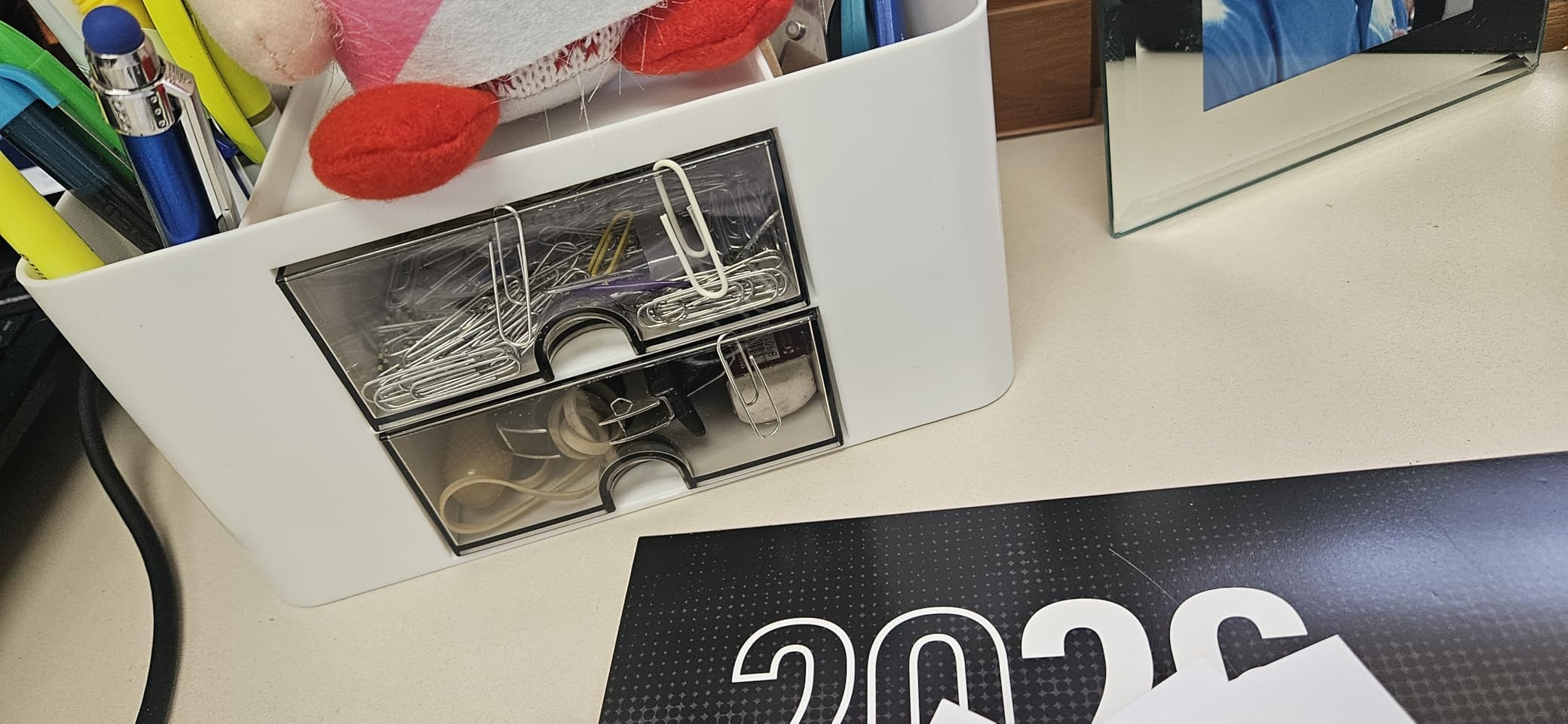 Marbrasse Pen Organizer with 2 Drawer, Multi-Functional Pencil Holder for Desk, Desk Organizers and Accessories with 5 Compartments + Drawer for Office Art Supplies (White) customer photo 2