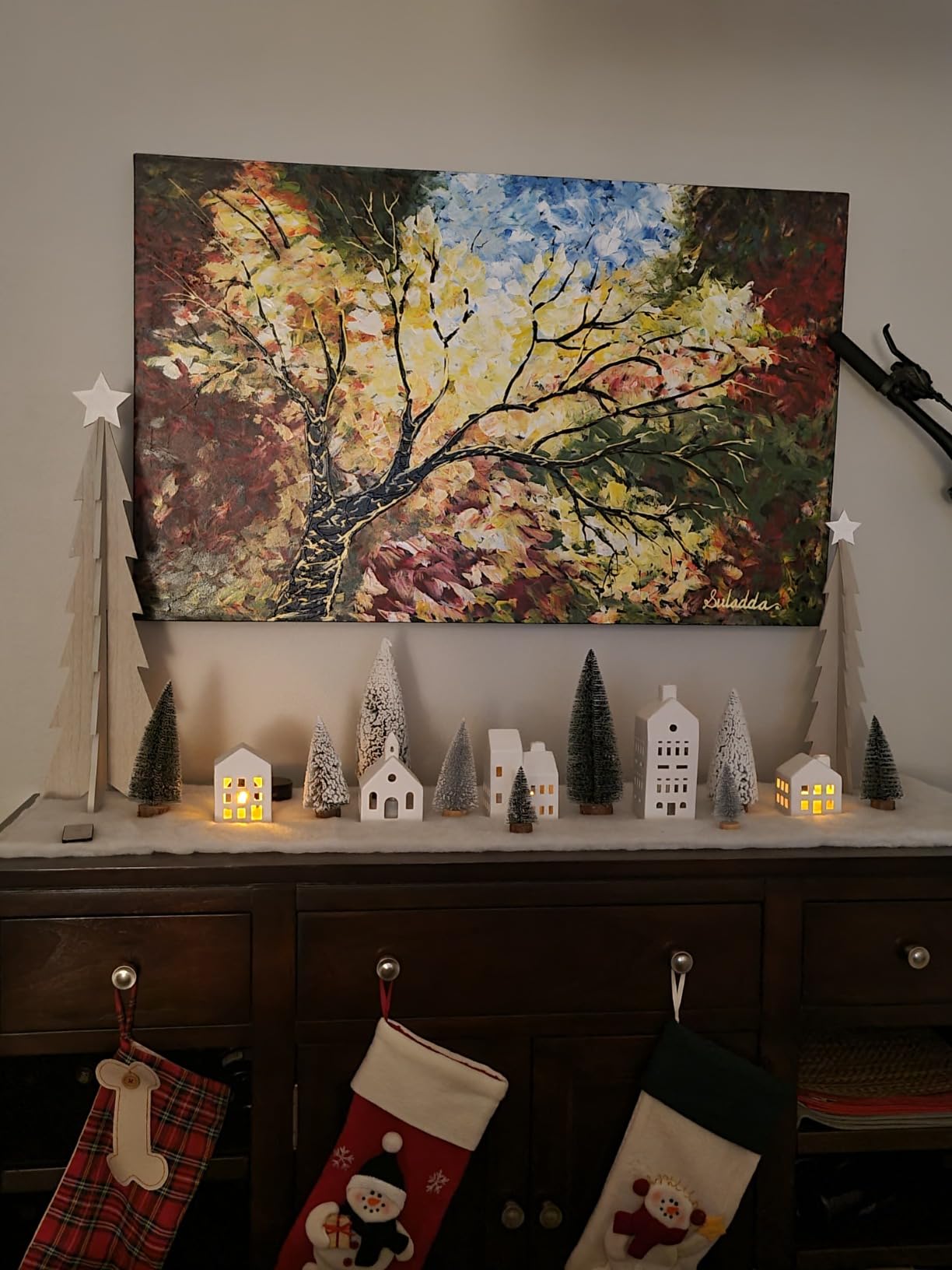 Christmas Decorations - Christmas Village Sets of 5 Lighted Ceramic Houses with Remote Control & 9 Trees - Indoor White Xmas Holiday Rustic Unique Decor for Home Table Room Farmhouse Decoration customer photo 2