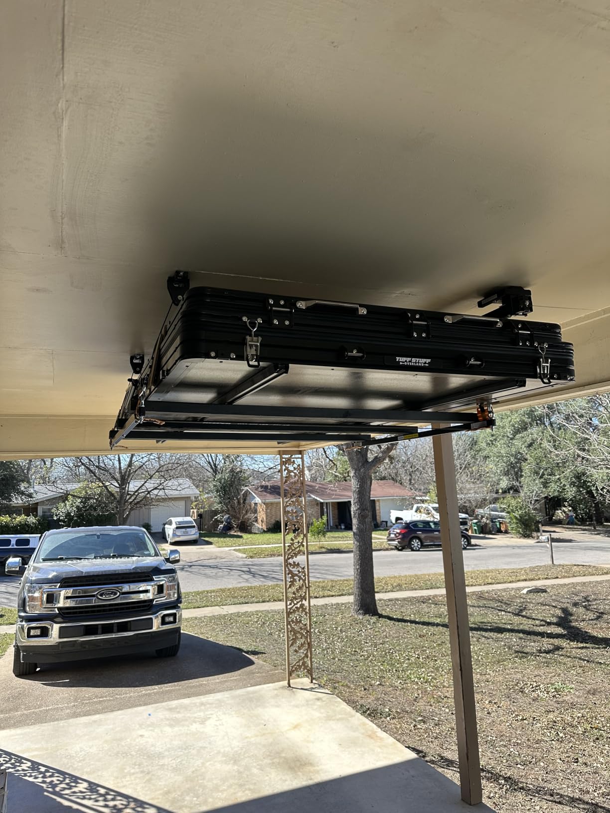 FLEXIMOUNTS GL1 Overhead Garage Lifting Storage Rack, 4x4 Ft Heavy-Duty Metal Garage Ceiling Rack, Adjustable Organization System With 71''L Axle, 350lbs Weight, Black customer photo 2