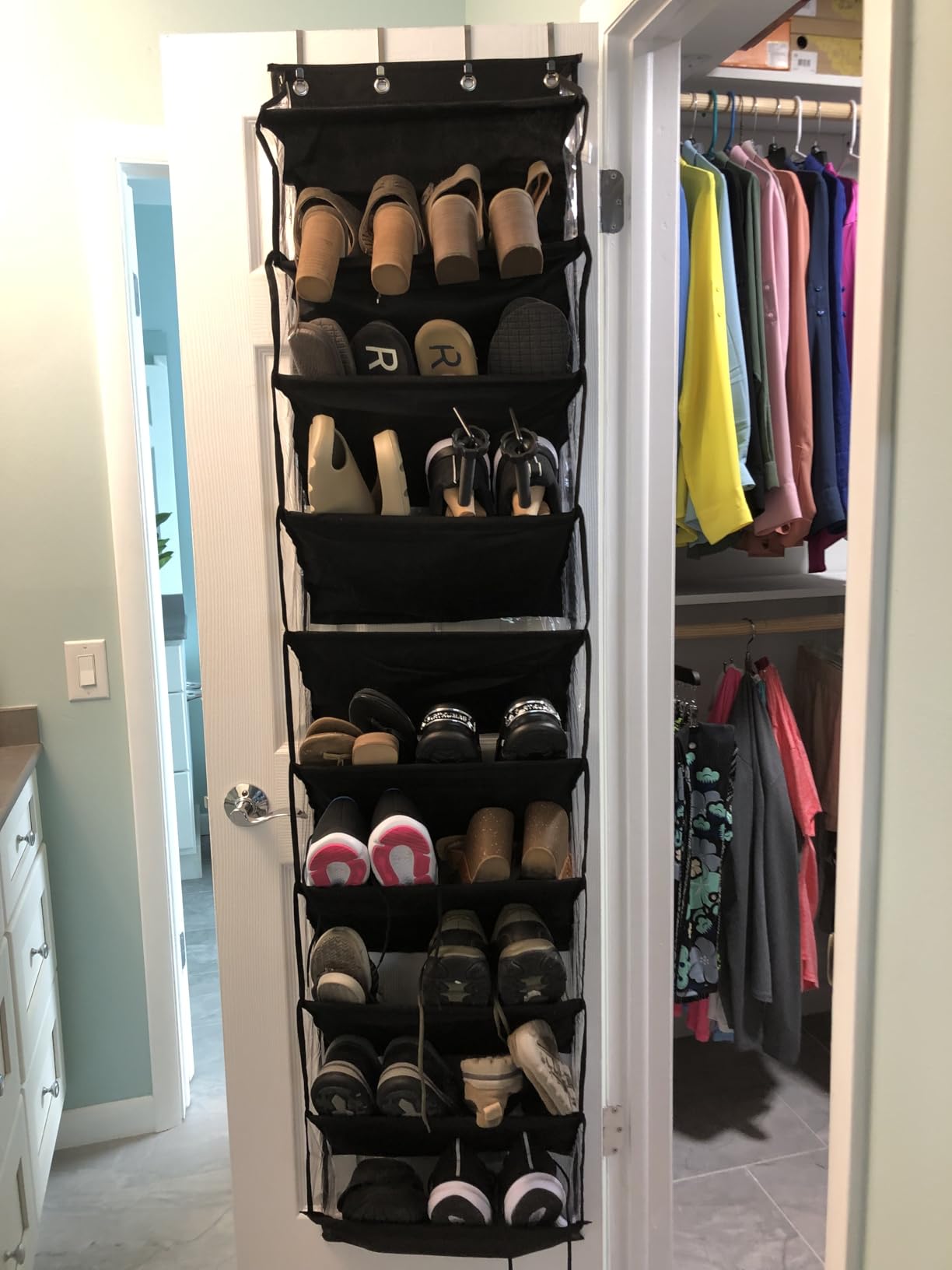 AOODA 10 Tier Clear Over the Door Shoe Organizer Storage, Deep Pockets Large Hanging Shoe Rack for Closet Door, Fit 20 Pairs Shoe Holder Hanger for Sneakers, Boots (Black) customer photo 2