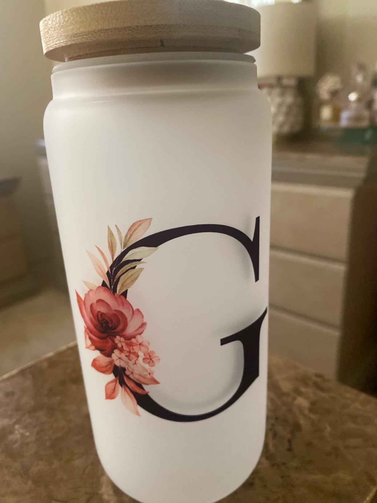 Personalized Gifts for Women, Monogrammed Frosted Glass Tumbler with Straw and Lid, Cute Customized Mug, Custom Initial Iced Coffee Glasses, Customizable Drinking Cup, Birthday Teacher Woman, A customer photo 1