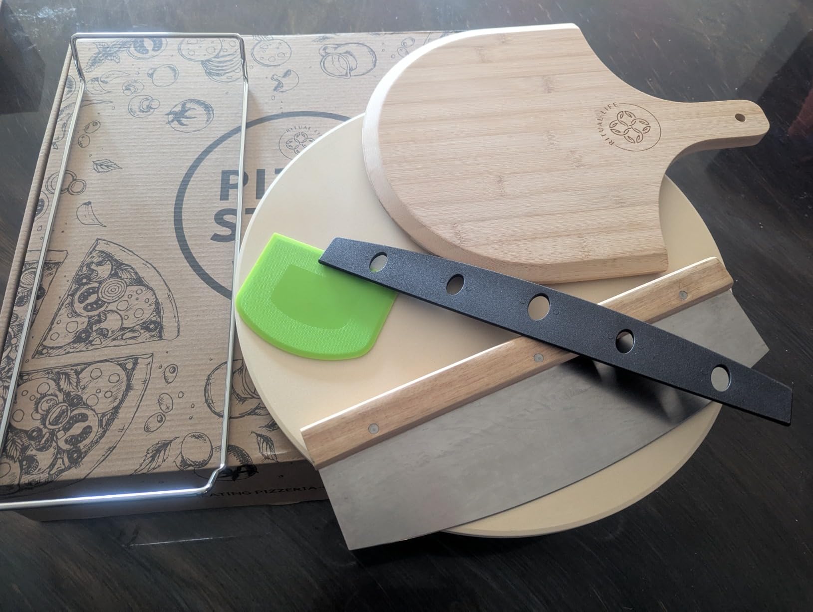 Large Pizza Stone for Oven 16 inch - Round Pizza Stone for Grill with Handles, Wood Pizza Peel and Cutter Set - Baking Stone for Bread - Pizza Making Kit Accessories - Gifts for Food Lovers customer photo 1