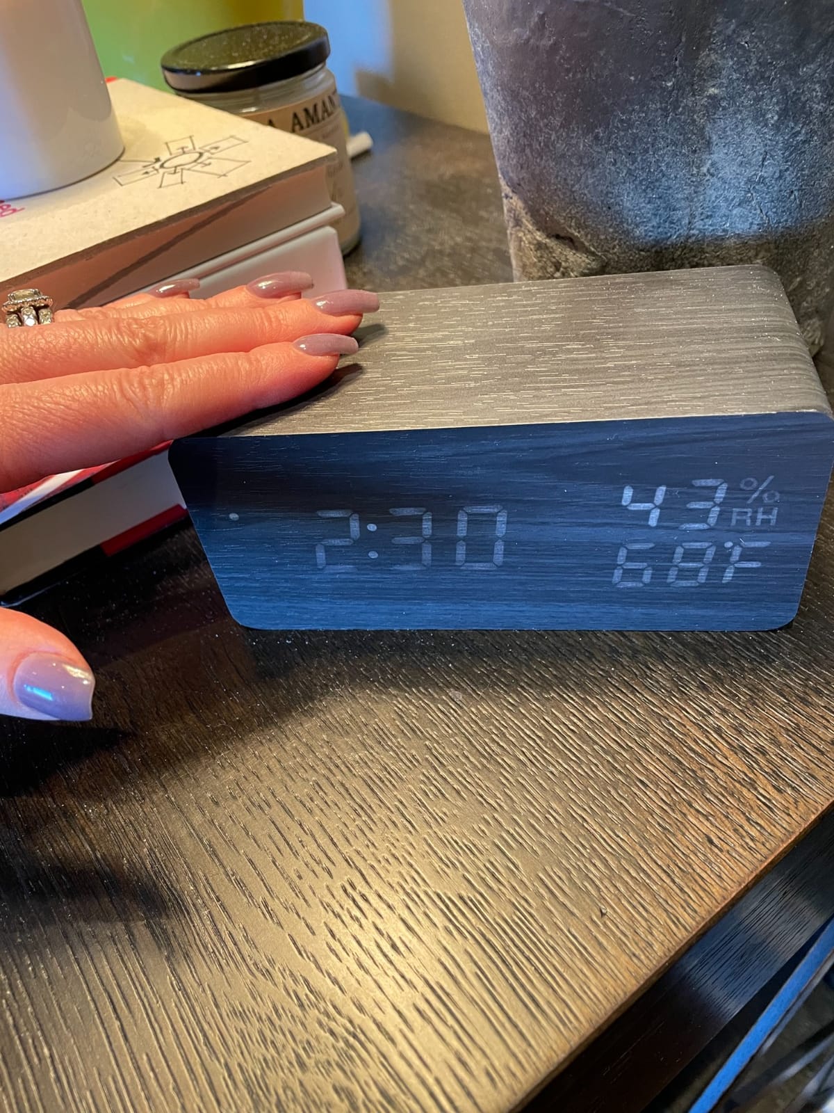 JALL Wooden Digital Alarm Clock with Wireless Charging, 3 Alarms LED Display, Sound Control and Snooze Dual for Bedroom, Bedside, Office (Black) customer photo 2