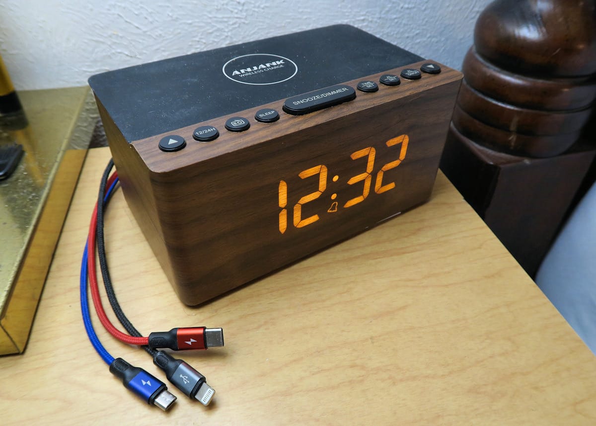ANJANK Wooden Digital Alarm Clock FM Radio,10W Qi Certified Fast Wireless Charging Station for iPhone/Samsung Galaxy,5 Level Dimmer,USB Charger,9 Wake up Sounds, Bedroom, Bedside, Desk, Nightstand customer photo 1