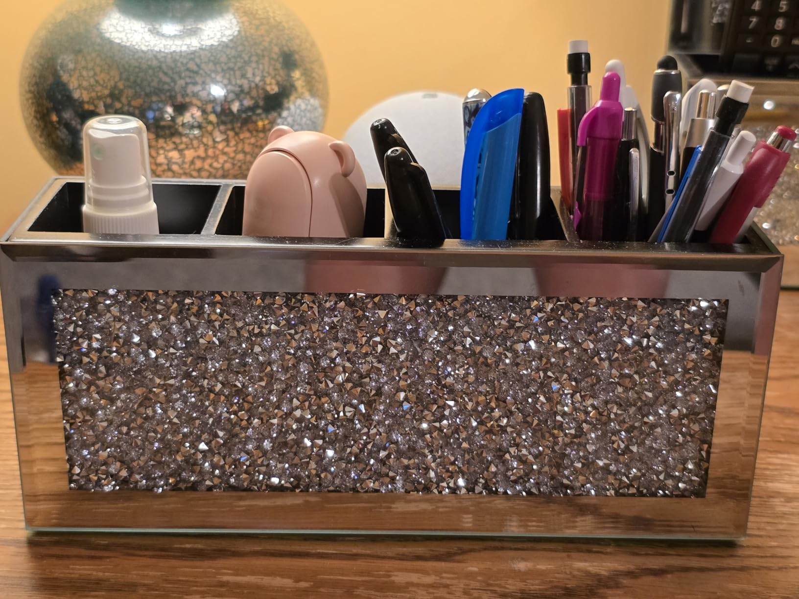 SHYFOY Mirrored Makeup Brush Holder Organizer with Crushed Diamond, 3 Slots customer photo 2