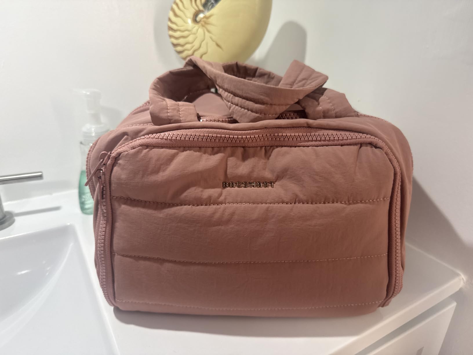 BAGSMART Travel Toiletry Bag, Lightweight Large Wide-open Travel Bag for Women, Puffy Cosmetic Makeup Bag Organizer with Handle for Accessories,Essentials, Toiletries, Dark Pink customer photo 1