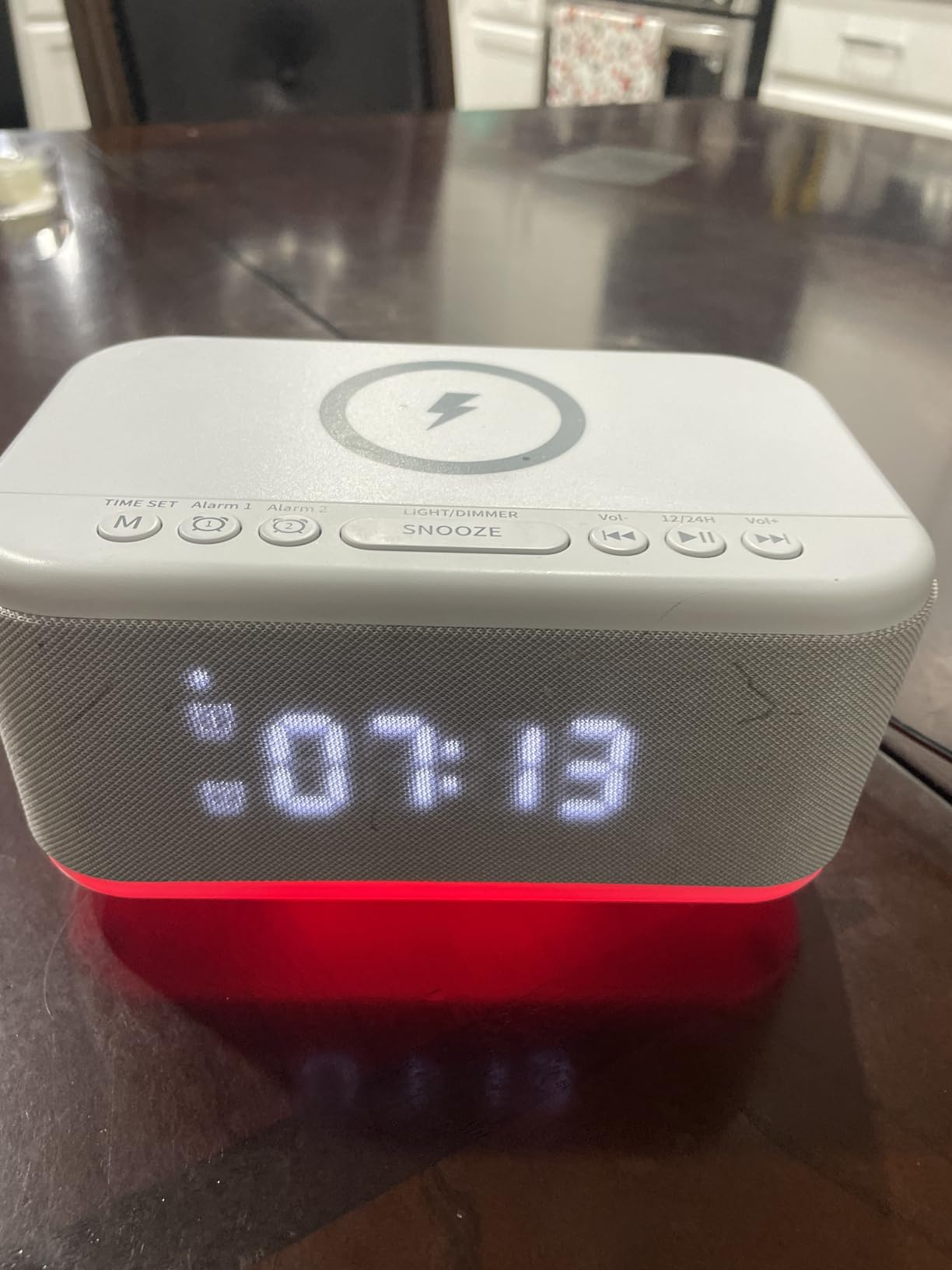 Alarm Clock Speaker Wireless Charger, Digital Alarm Clocks Bedrooms Bluetooth, Alarm Clock Dimmable Light Bedrooms Dual Alarm Snooze Dimmer 12 24H RGB Night Light Bluetooth USB AUX, Gray customer photo 1