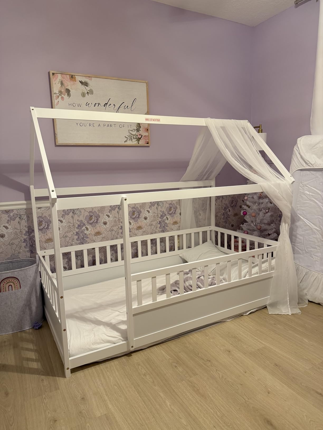 Kids Montessori Bed Twin Size, Twin Floor Bed with High Fence, House Beds for Kids, Girls, Boys, Wood Montessori Floor Beds Without Slats(White Twin) customer photo 1