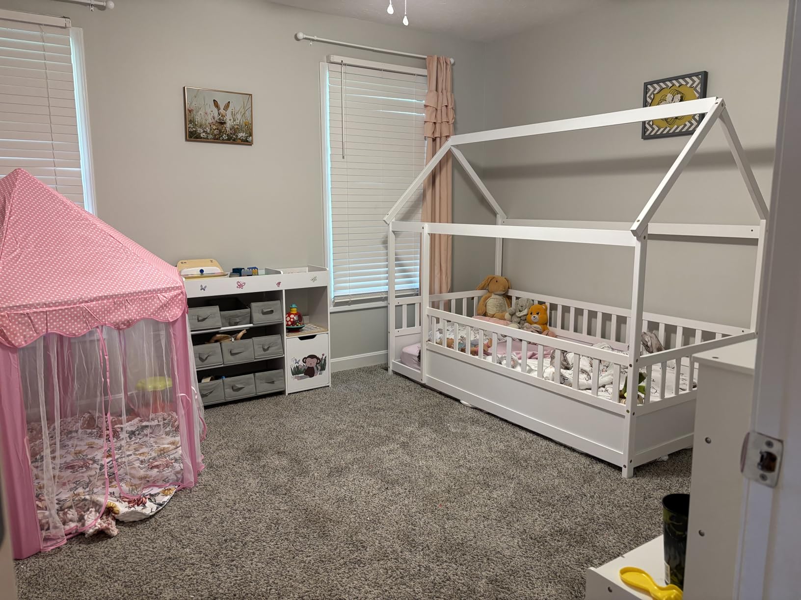 Kids Montessori Bed Twin Size, Twin Floor Bed with High Fence, House Beds for Kids, Girls, Boys, Wood Montessori Floor Beds Without Slats(White Twin) customer photo 2