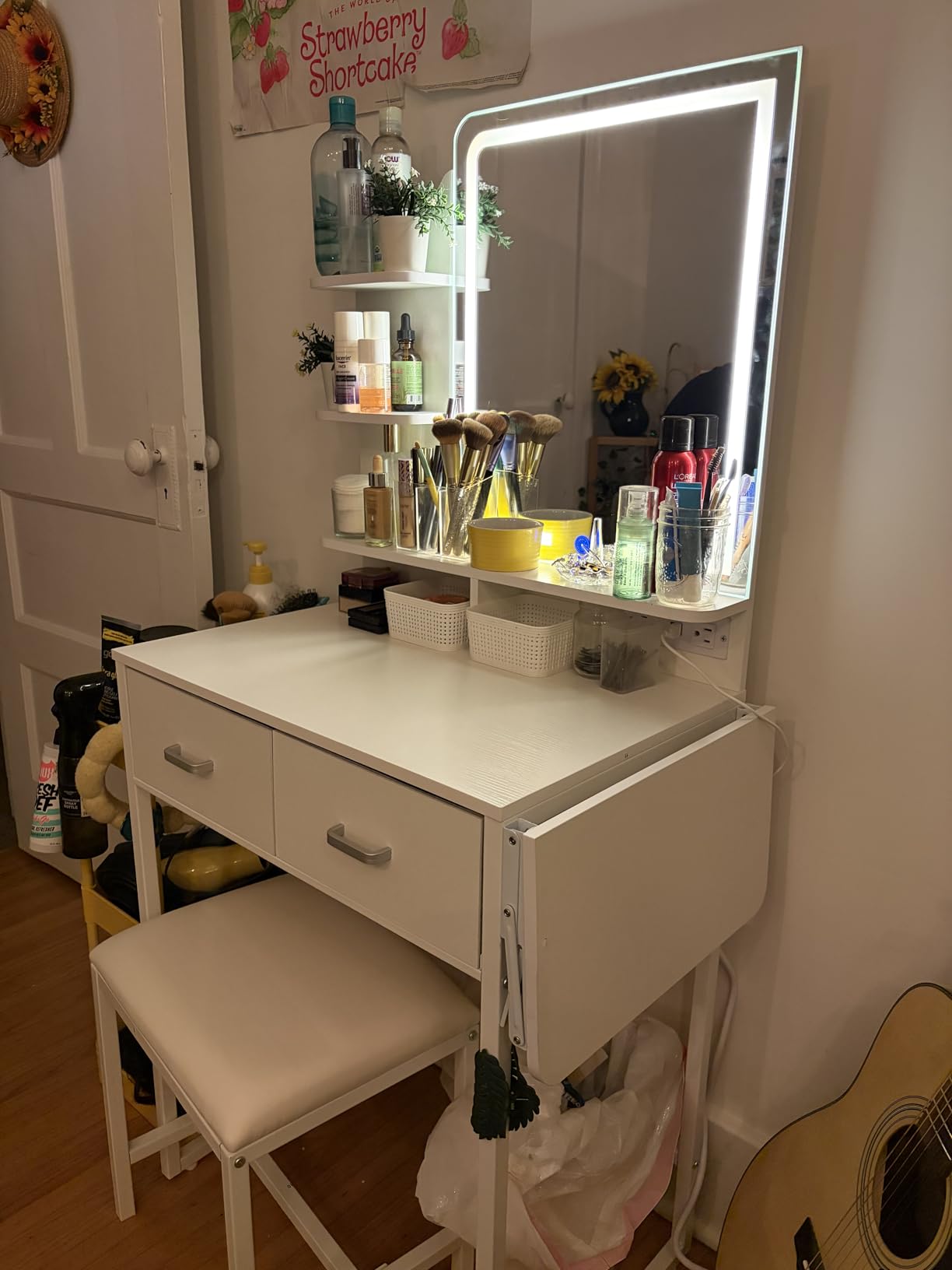ALEXNUTRE Makeup Vanity Desk with Mirror and Lights, Small Vanity with Fabric Storage Drawer & Chair & Shelves, White Vanity with Fold-up Panel and Power Outlet for Bedroom customer photo 2