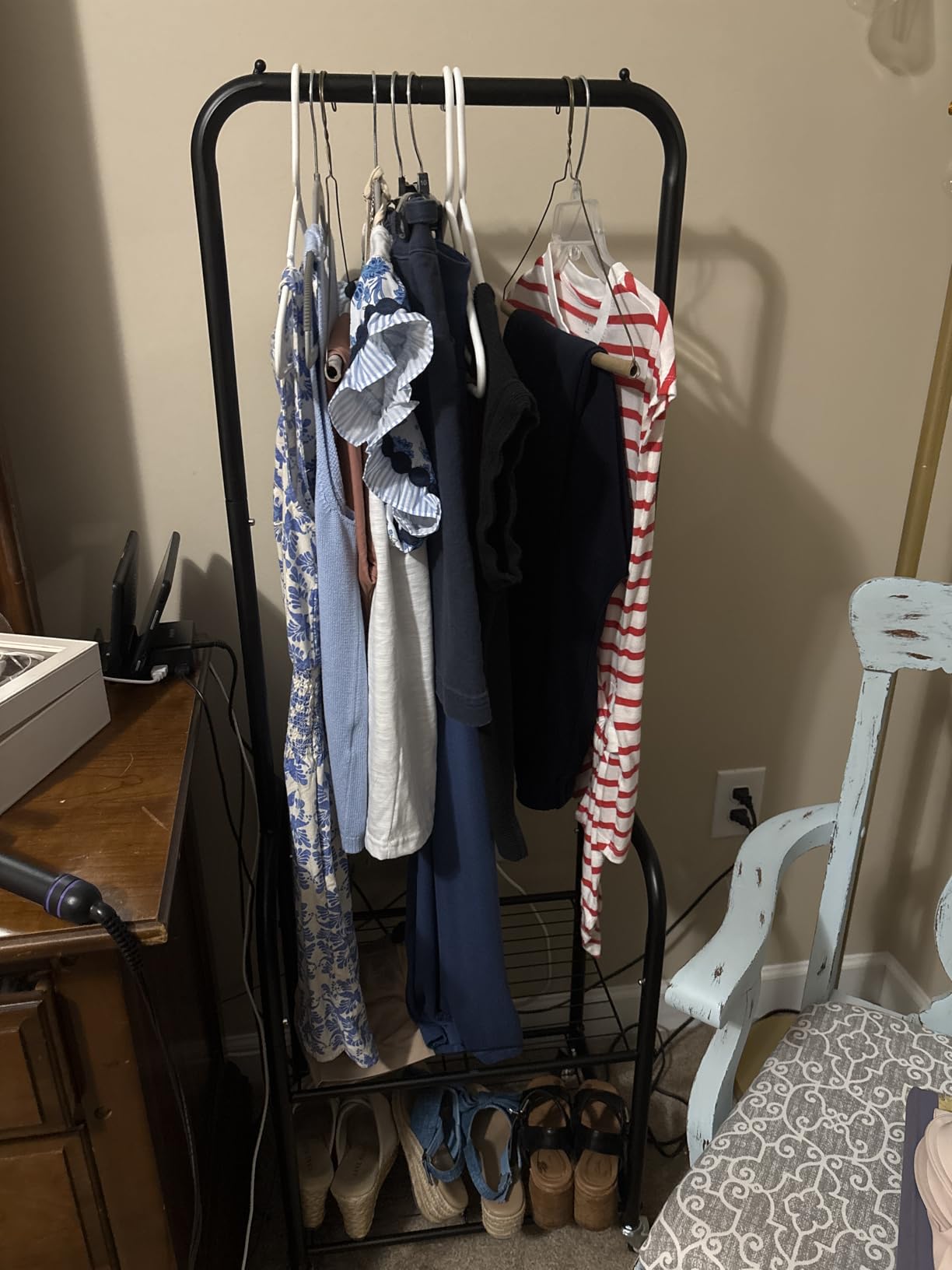 AOODA Small Clothes Rack with Shelves, Metal Sturdy Rolling Clothing Racks for Hanging Clothes, Portable Garment Rack with Wheels for Shirts, Coats, Shoes, Bags (Black) customer photo 1