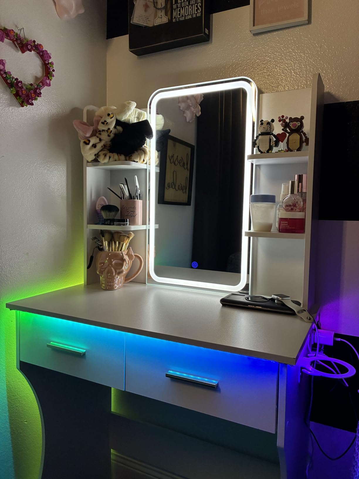 Vanity Desk with LED Lights Mirror & Power Outlet, Small Makeup Vanity Table Set with Storage Drawers & Chair, 3 Lighting Modes & Adjustable Brightness, Dressing Table for Women Girls Bedroom, Oak customer photo 2