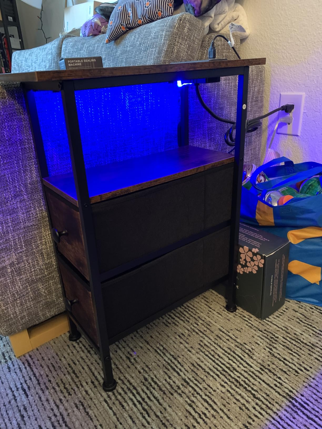 SONGMICS Side Table with LED Light, Narrow End Table with 2 Fabric Drawers customer photo 1